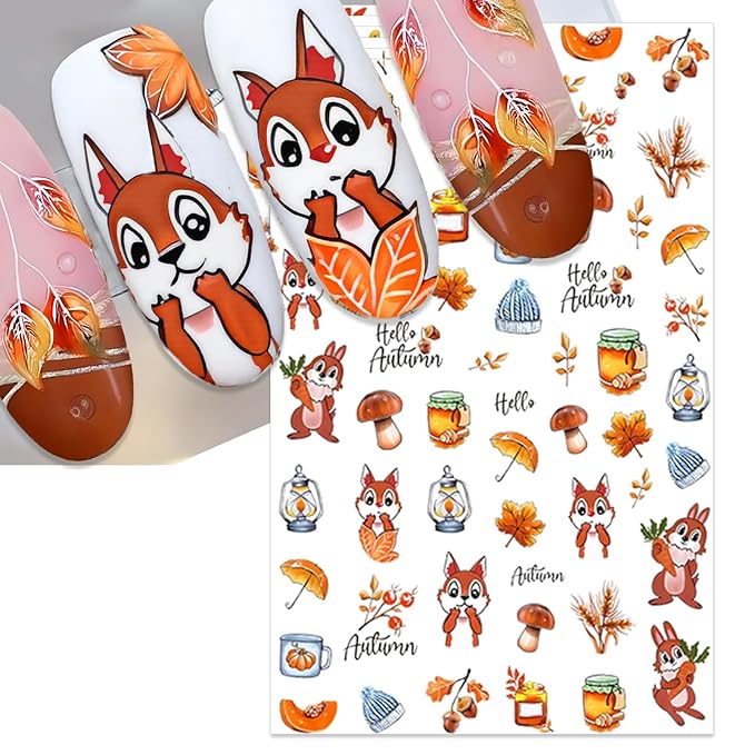 Fall Nail Stickers - Autumn Squirrel Pumpkin Leaves Self-Adhesive 3D Nail Decals for Women Girls DIY Thanksgiving Day Maple Manicure (6 Sheets)