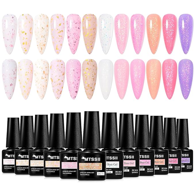 MTSSII 12 Colors Rubber Base Gel Set, Jelly Builder Gel Nude Sheer White Pink Purple Gold Foil Cloud-pattern Brocade 2-in-1 Soak Off Base Nail Strengthener Kit