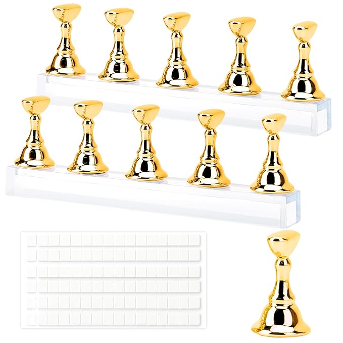 Nail Stand Nail Holder for Painting Nails 2 Sets Press on Nails Stand Display with 96 Pcs Reusable Adhesive Putty Clay Magnetic Acrylic Nailss Art Tools Accessories for Home DIY Salon Supplies Gold