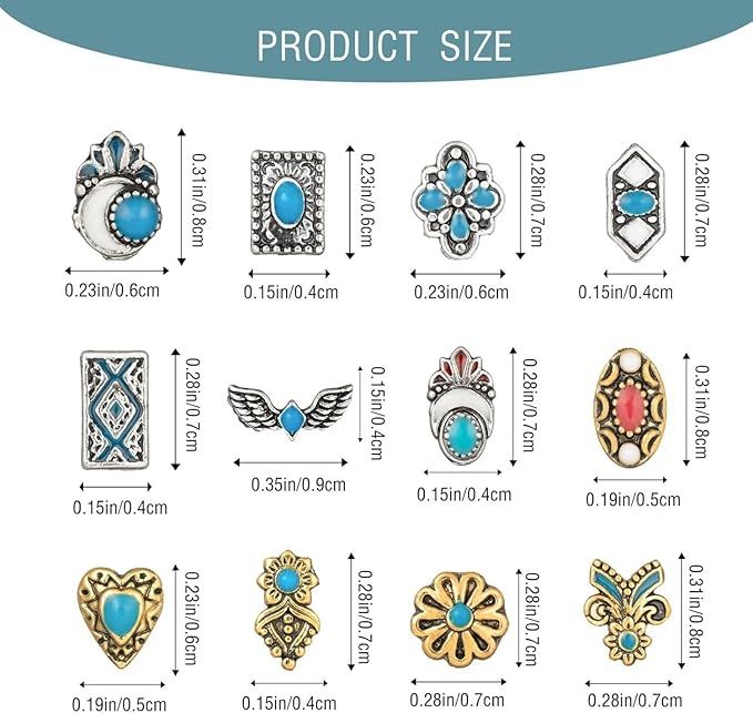 Retro Turquoise Totem Flower 3D Alloy Nail Art Mix Color Nail Charms, DIY Nail Art Decorations 50pcs