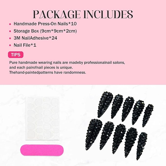 Almond Press on Nails Long Black Rhinestones Handmade Fake Nails Luxury Full Cover False Nails with 3D Designs Acrylic Nails Press Ons Sparkly Reusable Stick on Nail for Women 10Pcs(Size M)