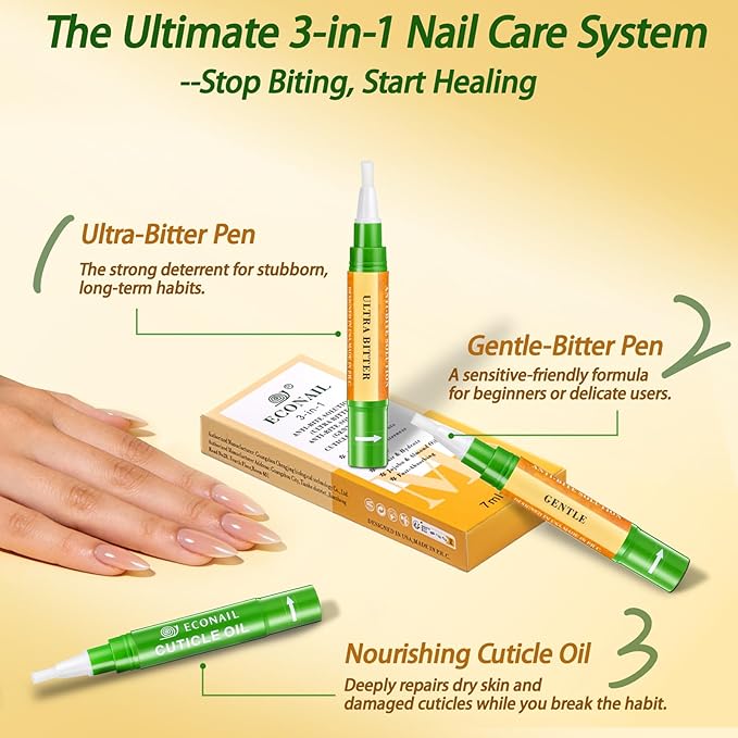 3 IN 1 Nail Biting Prevention Kit for Kids & Adults -3 Pack Includes Extra Strength+ Gentle Bitter Polish + Cuticle Oil. Fast Drying Formula Stops Nail Biting & Thumb Sucking
