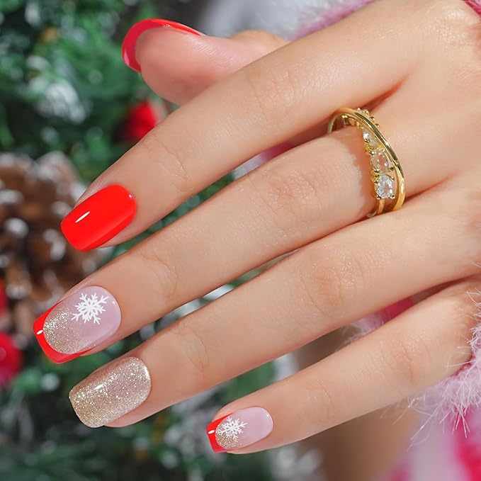 Red Press On Nails Short - Jofay Fashion French Tip Press On Nails, Acrylic Fake Nails with Snowflakes and Gold Glitter, Reusable False Nails Glue On Nails for Women, Stick On Nails Kit 32Pcs