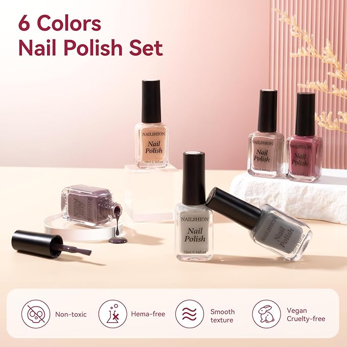 Nude Grays Nail Polish Set, 6 Colors Nude Pink Brown Red Dusty Rose Nail Polishes Neutral Color for All Seasons, Fast Air Dry Nail Art DIY at Home Manicure Gift for Women Girls
