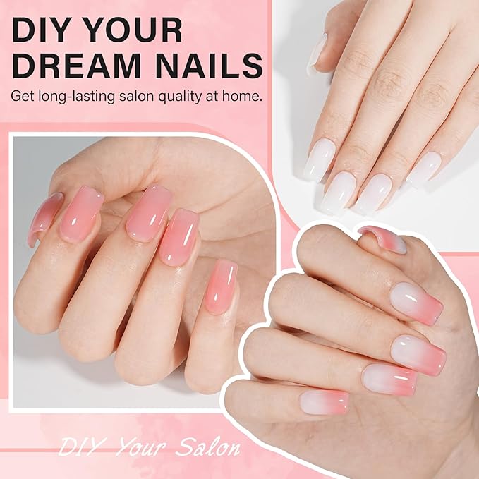 AILLSA Gel Nail Tips Kit Short Square Nail Tips 240pcs with 2 In 1 Nail Glue Base Coat and Nail Dehydrator, Nail Extension Kit with Nail Lamp Top Coat for Starters Home Salon