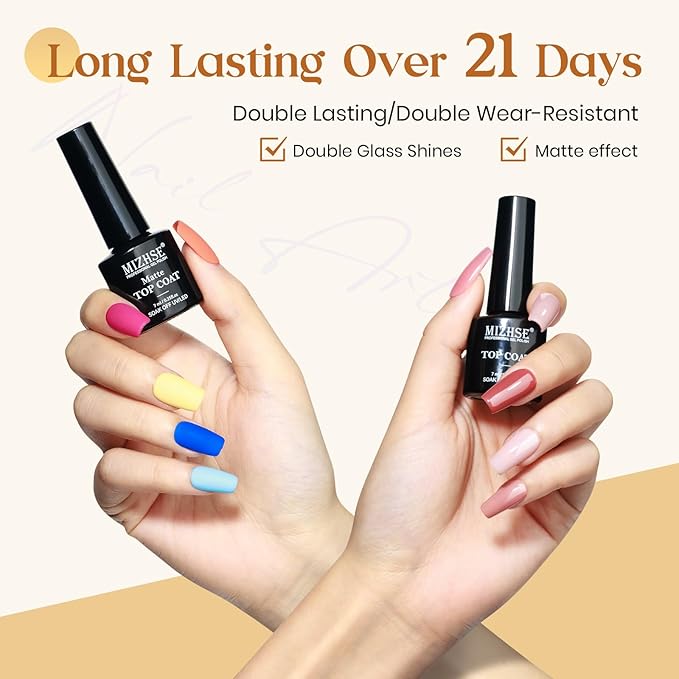 MIZHSE Base and Top Coat Set for Gel Nail Polish, Matte & Shiny No Wipe Top Coat, Long Lasting Salon Quality High Gloss Soak Off Nail Art Manicure Home