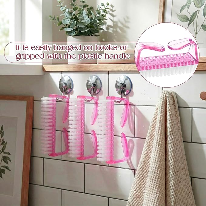 EBOOT 4 Pieces Handle Plastic Nail Brush Nail Hand Scrubbing Cleaning Brush (Pink)