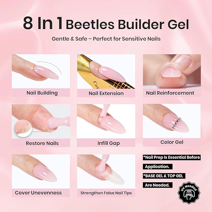Beetles Builder Gel Set HEMA-Free-Peach Breeze 6 Colors 8 in 1 Strengthening Apex Building Nail Extension for Beginners DIY Salon at Home,Nude Builder Nail Gel,UV & LED Lamp Needed