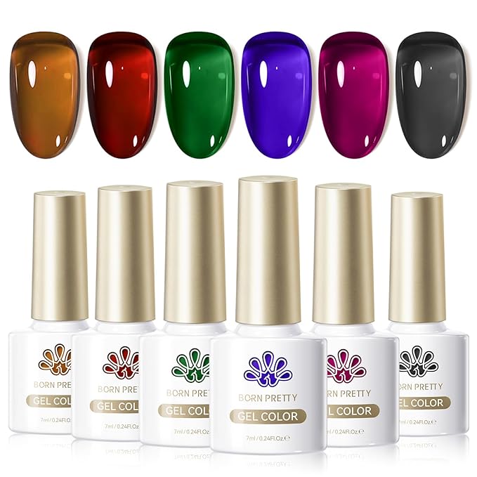 Born Pretty Jelly Gel Nail Polish Brown Red Green Black Blue Purple Sheer Transparent Crystal Gel Nail Polish Kit Fall Winter Soak off Nail Polish for Manicure DIY Home Salon 7ML 6Colors