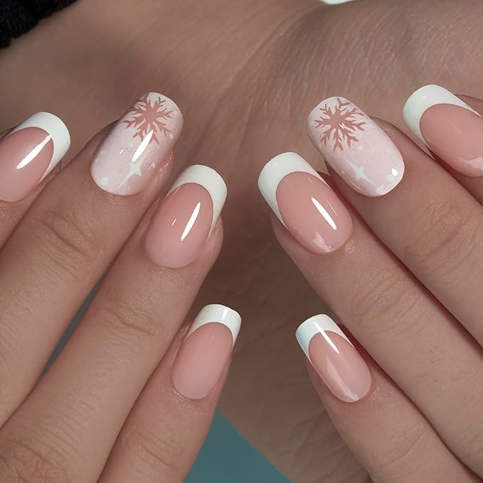 Curvlife Soft Gel Press On Nails – Reusable False Natural Fit Fake Nails Tips Stick Ons, Salon Quality UV Finish (snowflake french, Short)