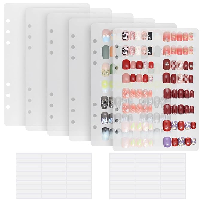 KEIFIN 6 PCS Blank Refill Sheets for Press On Nail Storage Organizer Binder A5 Plastic Insert Pages for Fake Nail Swatch Container Book Polish Color Display Holder with 60 Pcs Tape Strips (CLEAR)