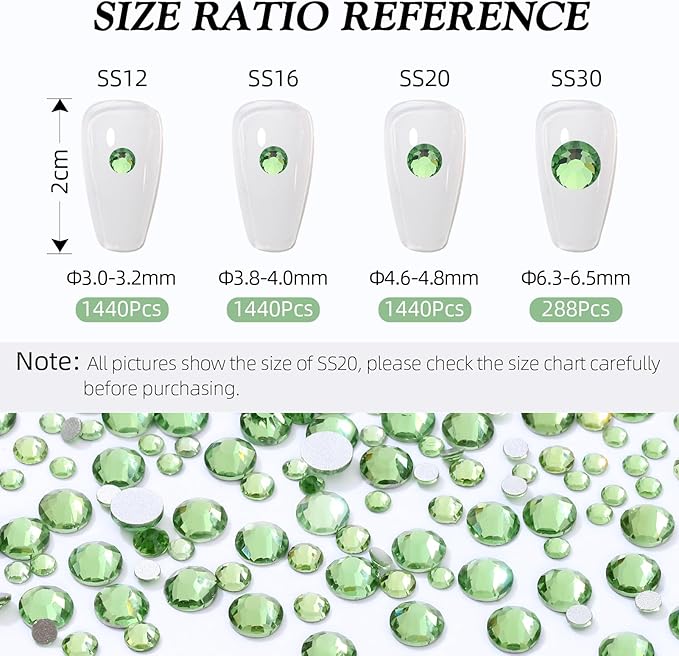 Light Green Flatback Rhinestones, Glass Rhinestones for Nail Art and Craft, Glue Fix, Loose Crystal Gemstones(Lt.Green, SS20, 1440pcs, 4.6-4.8mm)