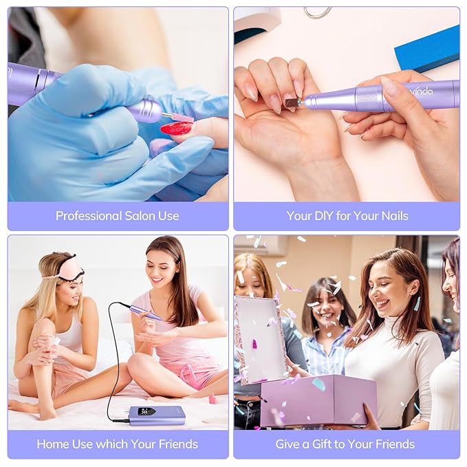 Lavinda Professional Nail Drill 35000 RPM, Cordless Electric Nail File Efile for Acrylic and Gel Nails, Manicure Pedicure Polishing Tool for Salon and Home Use (Purple)