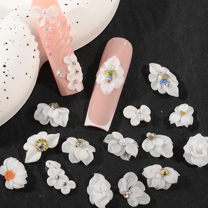 30PCS 3D Handmade Flower Nail Art Charms Advanced Handcrafted Cherry Blossom Flower Colorful Sculpted Floral Nails with Rhinestone Caviar Beads Design for Women Profession Nail Art Craft Jewelry