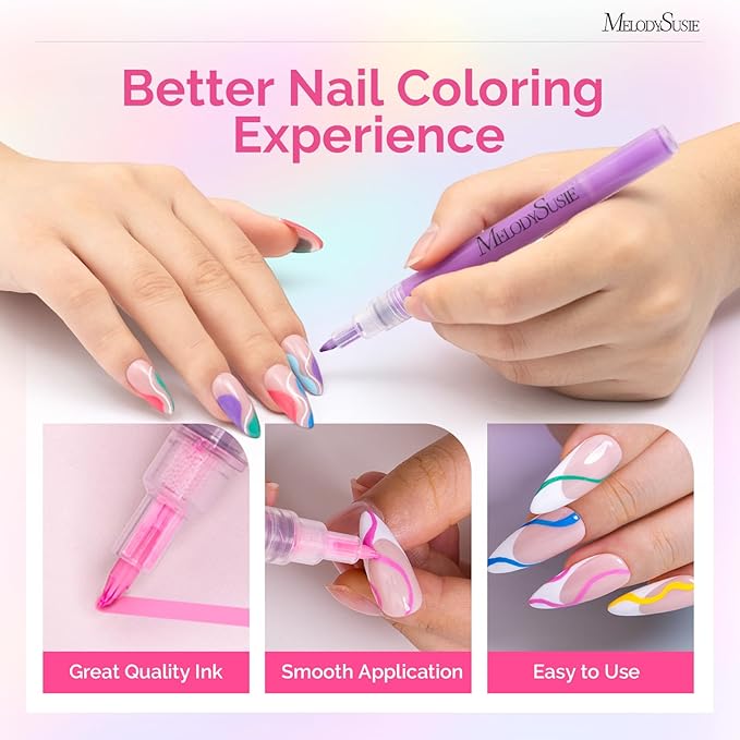 MelodySusie Nail Art Pens Set, 24 Colors 0.7MM Nail Polish Pens for Nail Art, Nail Dotting Tool, Drawing Pen for Nail Design, Manicure Nail Pens for Salon and DIY at Home
