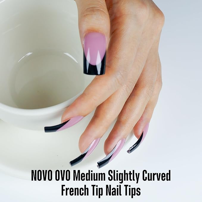 NOVO OVO Halloween Black French Tip Nail Tips Slightly Curved Medium BERRY PINK Full Cover for Press on Acrylic, Extra Thick M Soft Gel False Nail, need Builder Gel Top Coat, for DIY 15 Sizes 240 pcs