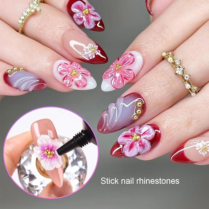 3D Gel Nail Art - 10g Sculpting Gel for Molding, Drawing, Charms & Beads Glue with Gold Chrome Nail Powder and 5D Flower Stickers for Nails Design Beginner