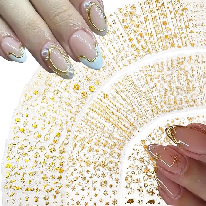 30 Sheets Gold Nail Sticker Star Moon Heart Nail Art Stickers Cute Design 3D Self-Adhesive Nail Decals for Women Girls DIY Nail Art Decoration Accessories