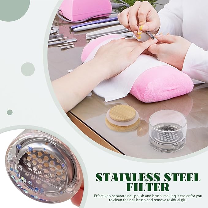 Diakey 4 Pack Acrylic Nail Brush Cleaner Dappen Dish with Lid, Mesh Layered Nail Art Brush Monomer Liquid Wash Cup Glass Removal Jar for Sequins Glitter Powder, 1.5in High
