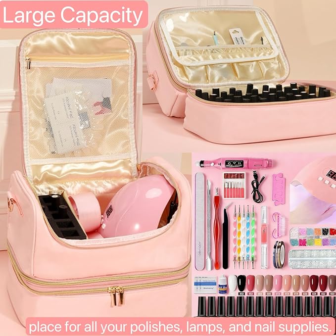 Nail Polish Organizer Case Nail Supplies Storage Box Holds 45 Bottles Nail Polish & Nail Lamp, Travel Nail Tech Carrying Case for Manicure Tools and Nail Art Supplies, Nail Kit Bag Gift for Manicurist