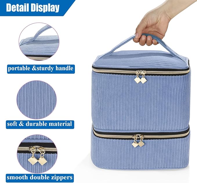 Corduroy Nail Polish Organizer and Nail Lamp Case, Nail Kit Organizer Holds 30 Bottles (15ml - 0.5 fl.oz) and a Nail Lamp, Nail Polish Carrying Case with Manicure Tools Storage Sections (Blue)