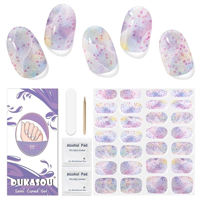 Semi Cured Gel Nail Strips, 28 pcs Nail Gel Stickers Work with Any UV Lights, Long-Lasting Nail Wraps, Stick on Nails for women Easy to Apply & Remove