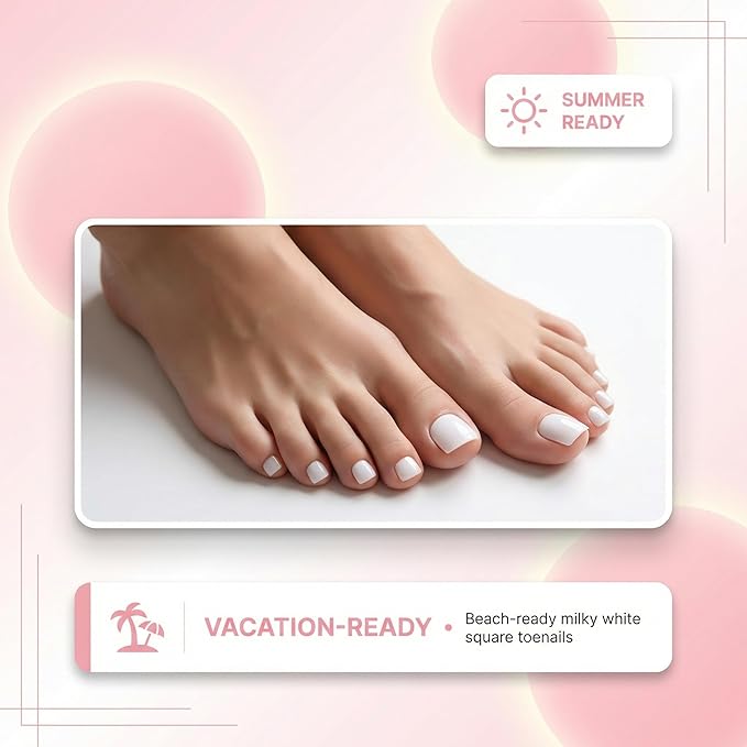 PURE MILKY WHITE Toe Nail Press Ons, 150PCS Square Full Cover Soft Gel Toe Tips, 15 Sizes Pre-Shaped Press On Toenails for Wide Toenail Beds, DIY French Pedicure & Salon