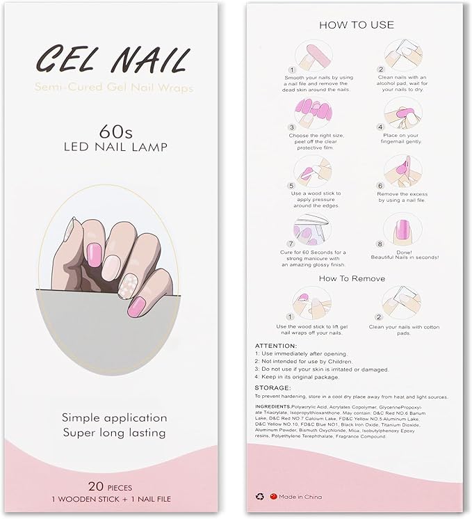 JMEOWIO Gel Nail Stickers White Flower Semi Cured Gel Nail Strips Wraps UV/LED Nails Art Design Decoration Accessories