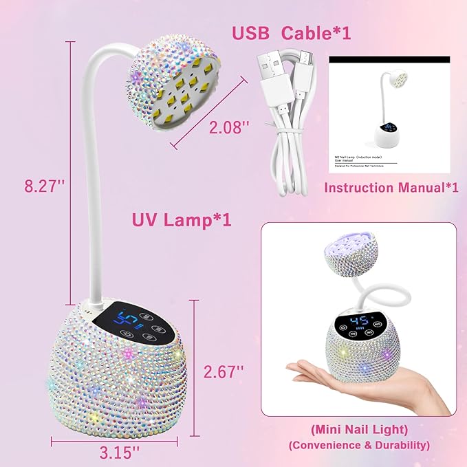 CGBE UV LED Nail Lamp, 36W Mini Cordless Flash Cure Lamp, USB Rechargeable Goosenecks LED Nail Light with 4 Timers & Auto Sensor for Salon Home DIY Use, White Diamond