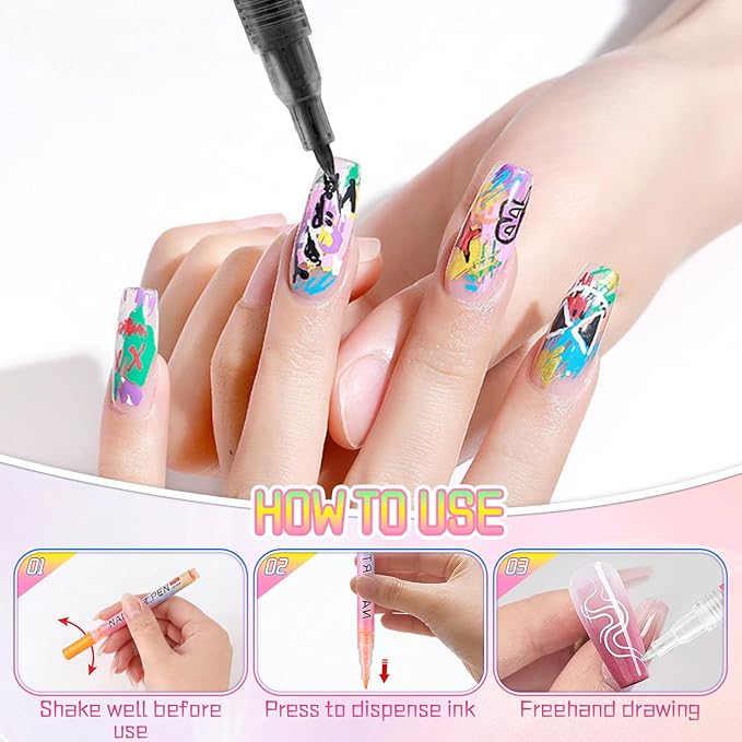 12 Colors Nail Art Pens Set, 2026 New 3D Nail Polish Pens, Paint Nail Drawing Liner Graffiti Dotting Nail Art Pen Kit Tools Nails Art Markers for Painting Point Liner DIY, Quick Dry(12 Colors)