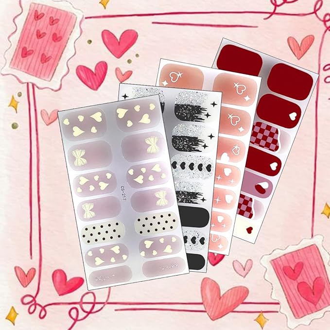 Valentines Nail Polish Stickers Self Adhesive French Tip Nail Stickers Black White Pink Heart Gel Nail Stickers Romantic Valentines Day Gel Nail Strips Cute Bow Full Nail Wraps Stickers for Women 4Pcs