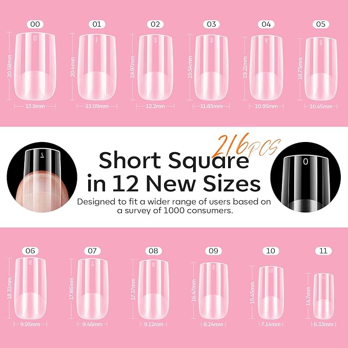 modelones Short Square Gel Nail Tips, 9-in-One Nail Glue with Portable U V Lamp 216Pcs 12Sizes Pre-Etched Press ons Fake Acrylic Extension Kit DIY Salon Gift for Women