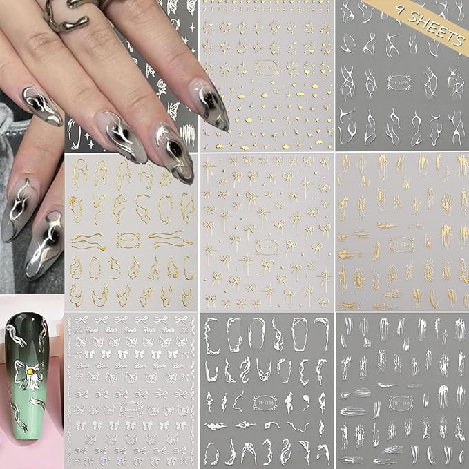 9 Sheets Gold Silver Nail Art Stickers 3D Laser Silver Stripe Line Nail Decals Self-Adhesive Metallic Butterflies Love Stars Gold Nail Stickers for Wome Girls French Nail DIY Decoration Accessories