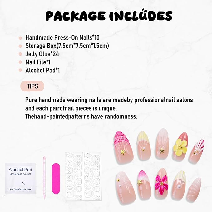 Handmade Press on Nails - Luxury 3D Rose Red Yellow Flower Medium Almond False Nails Salon Quality French Tip Design Handmade Floral Artificial Fingernail Stick on Nail for Women（Size S）