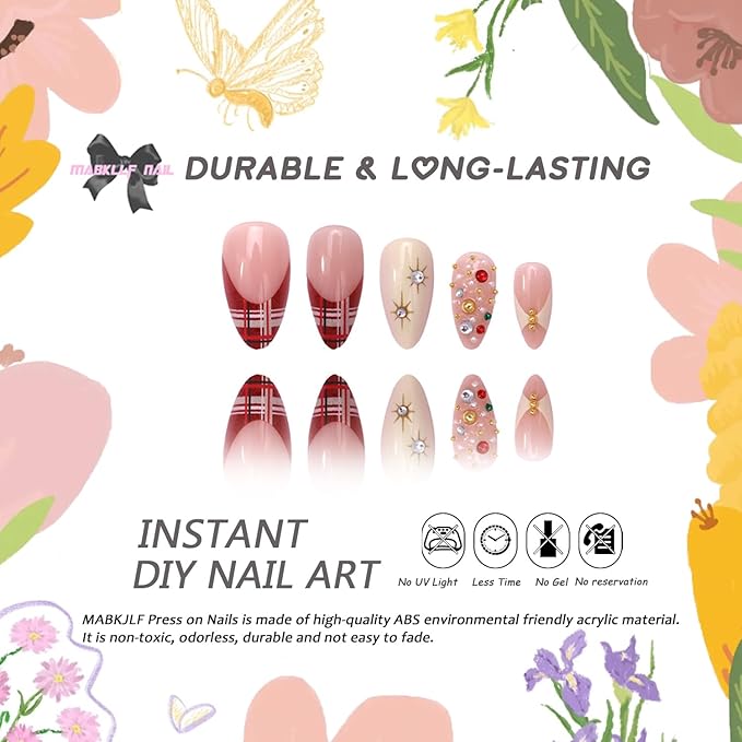 French Tip Press on Nails Medium Almond MABKJLF Fake Nails False Nails with Stripes Rhinestones Pearls Designs Glossy Glue on Nail Full Cover Acrylic Nails for Women Girls 24Pcs
