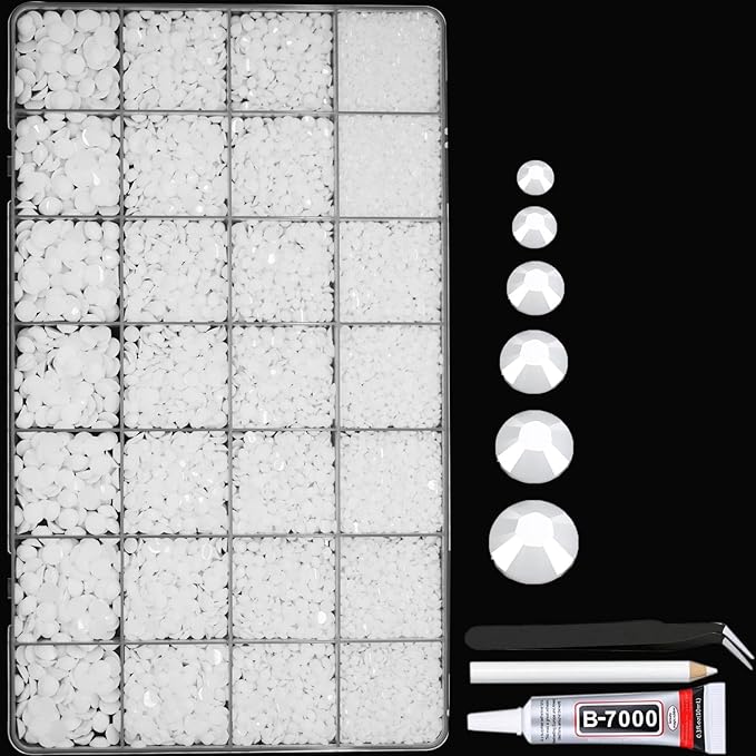 22000pcs Resin Rhinestones for Bedazzling, Pure White 2mm 3mm 4mm 5mm 6mm Flatback Beads, Non-Hotfix SS8 SS10 SS16 SS20 SS30 Gems for Crafting with 15ml Glue for DIY Crafts Nails