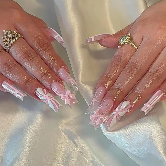 Long Press on Nails Square Fake Nails Press ons with Pink and White Gradient French Line Swirl Designs Cute Glue on Nails Acrylic Full Cover Stick on Nail for Women 24 Pcs