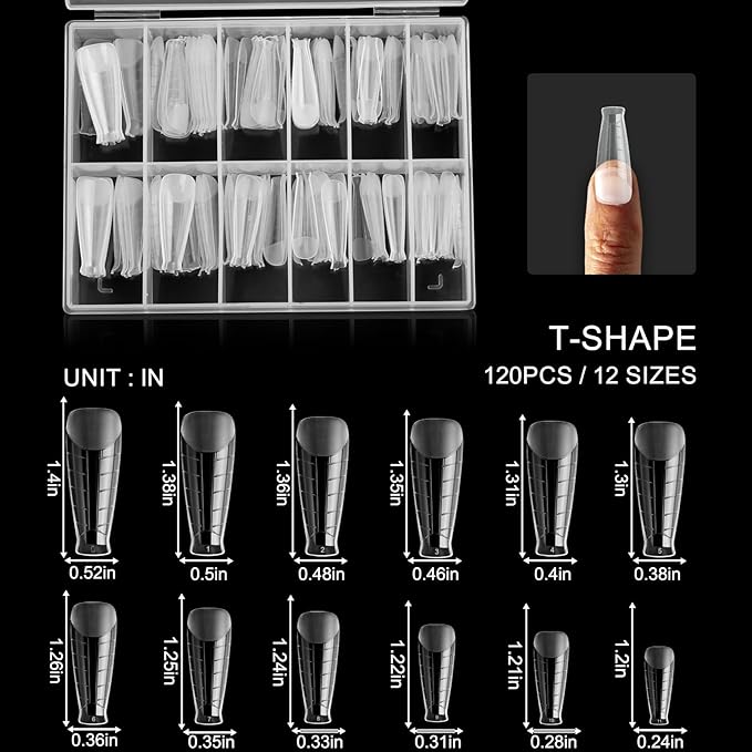 120Pcs Dual T-Shape Extension Poly Nail Forms, Full Cover Reusable Molds 12 Sizes for Solid Gel Glue Art Design Salon & DIY