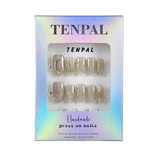 Handmade Press on Nails Short Oval,Cat Eye Fake Nails with Mirror Star Moon Designs,Soft Gel Ethereal Edgy French Retro Nails Kit with Tools,Shimmer Glossy Glue on Nails Short for Women(XS)