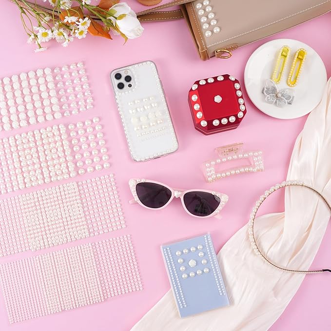 462PCS Pearl Stickers Pearls for Crafting - Self Adhesive Pearls for Hair Face Makeup Eye Nail Crafts, Stick On Gems (6 Sheets, 10mm Heart-Shaped)