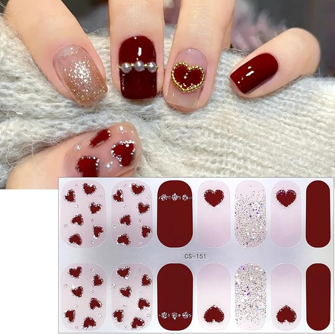4Sheets Valentines Day Gel Nail Stickers Romantic Love Heart Nail Polish Strips Glitter Gel Nail Wraps Self Adhesive Cute Bow Nail Polish Stickers French Heart Full Wrap Nail Decals for Women Manicure