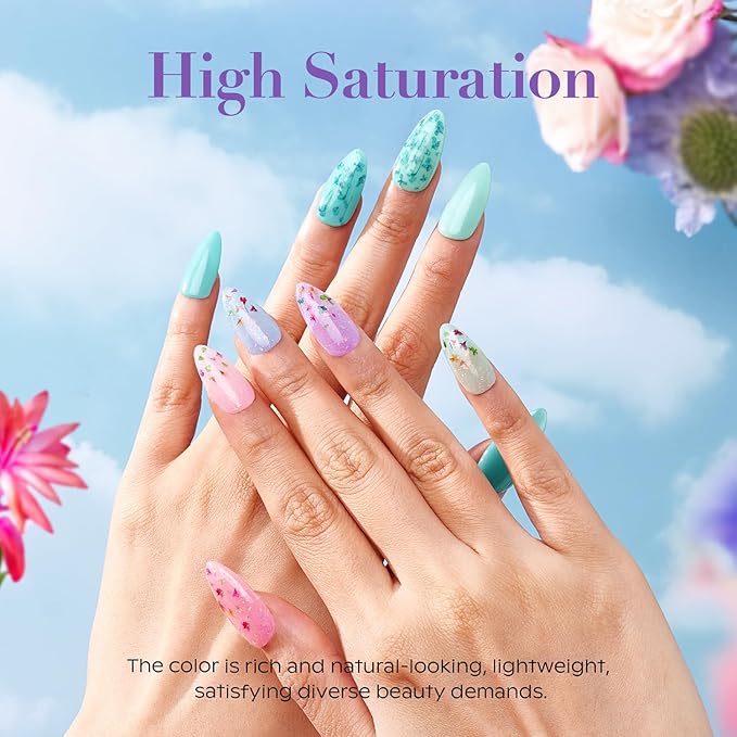 AZUREBEAUTY Dip Powder Nail Transparent Crystal Dried Flower Spring Set, Blue Purple Pink Yellow 6 Colors Natural Real Clear Dipping Powder Starter Kit Nail Art Manicure Salon, No Need Nail Lamp Cured