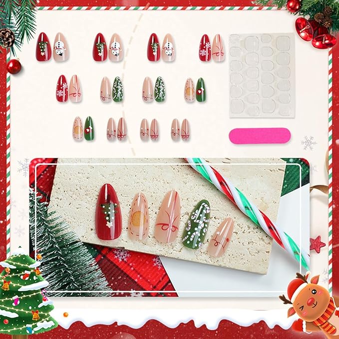 Christmas Motifs Press on Nails Almond Fake Nails Medium Length Nails Press ons with Snowman,Xmas Tree,Candy Cane,Bow Design,Reusable Festive Manicure for Holiday Parties & Winter Celebrations 24Pcs