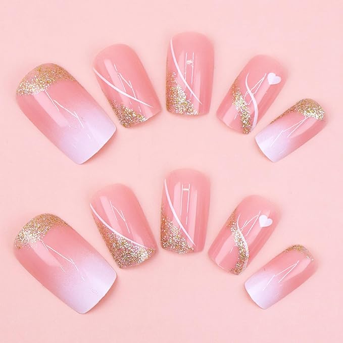 Press on Nails Medium Square Fake Nails Gold Glitter False Nails with Design Heart Curve Glue on Nails Gradient Pink Full Cover Acrylic Stick on Nail Reusable Artificial Nail for Women Manicure 24Pcs