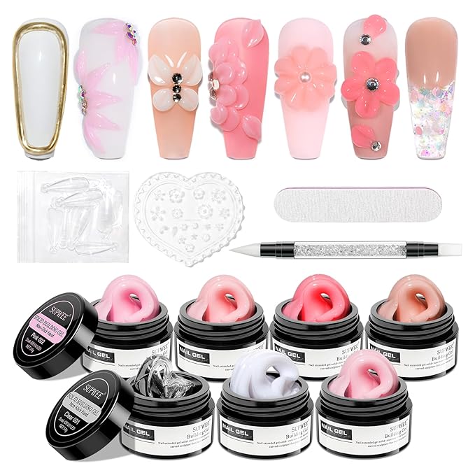 Solid Builder Gel for Nail Extension Non Stick Hand Scupture Hard Gel with Dual Form Nail Brush Tool for Home DIY Manicure 7 Colors 14g(0.49 oz)