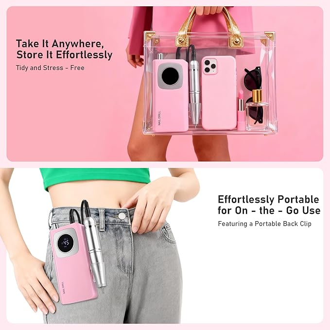 Electric Nail Drill Professional 45000 RPM, Rechargeable Cordless Electric Nail File Machine Kit for Acrylic Gel Nails Polishing Removing, Quiet E-File with Bits for Manicure Salon Home