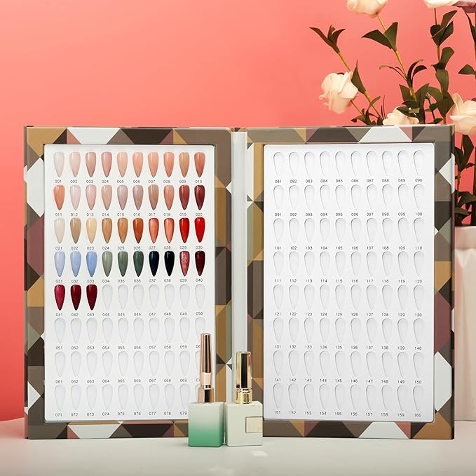 160 Nail Color Book,with 240 Flase Tips & 1-200 Number Sticker Labels,Professional Nail Color Swatches Book for Polish UV Gel(Brown)