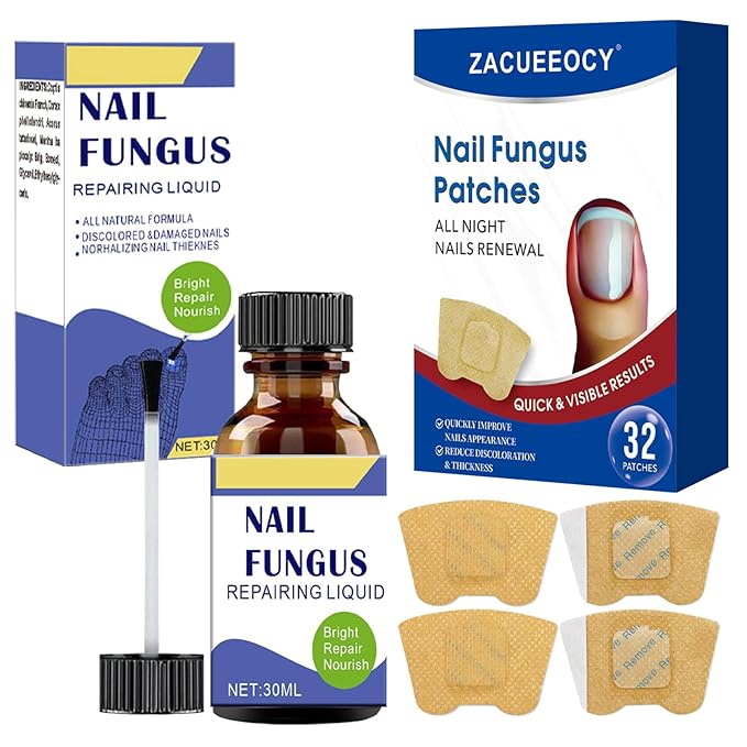 Toenail Fungus Treatment Extra Strength Kit, 30ml Nail Repair Solution and 32 Nail Renewal Patches for Damaged Thick Discolored Toenails and Fingernail