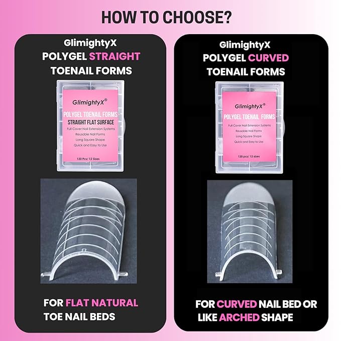 Straight Flat Toe Dual Forms for Polygel,GlimightyX Square Toenail Molds Reusable Natural,Toe Nail Tips for Polygel Builder Gel Acrylic Extension with French Guidelines,12 Sizes 120Pcs