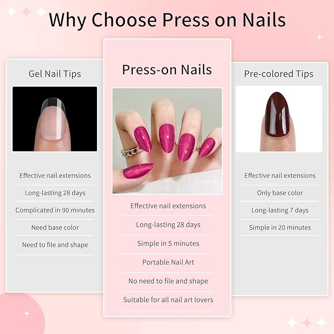 Rose Red Almond Cat Eyes Press On Nails,12 Sizes - 24 Pcs Soft Gel Red Medium Fake Nails Kit with Nail Glue, Natural Reusable Stick On False Nails for Women and Girls SK1024